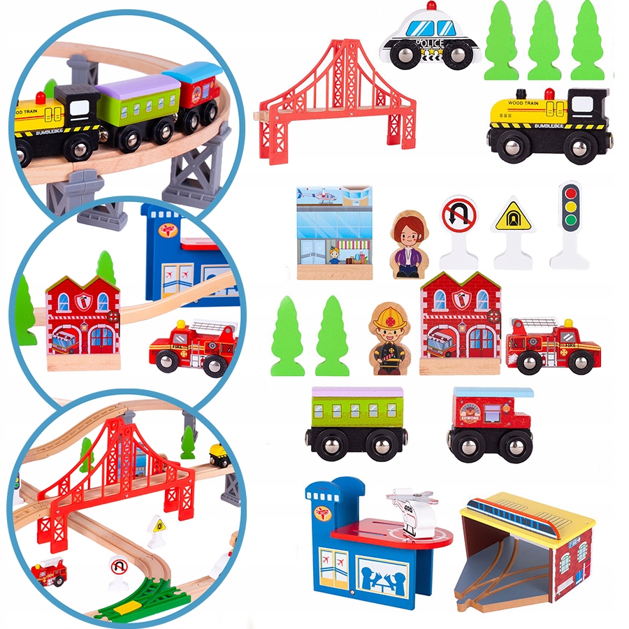 DREWNIANA KOLEJKA POCIĄG LOKOMOTYWA MIASTO POLICJA STRAŻ AKCESORIA 320 CM Bohater / Bajka brak