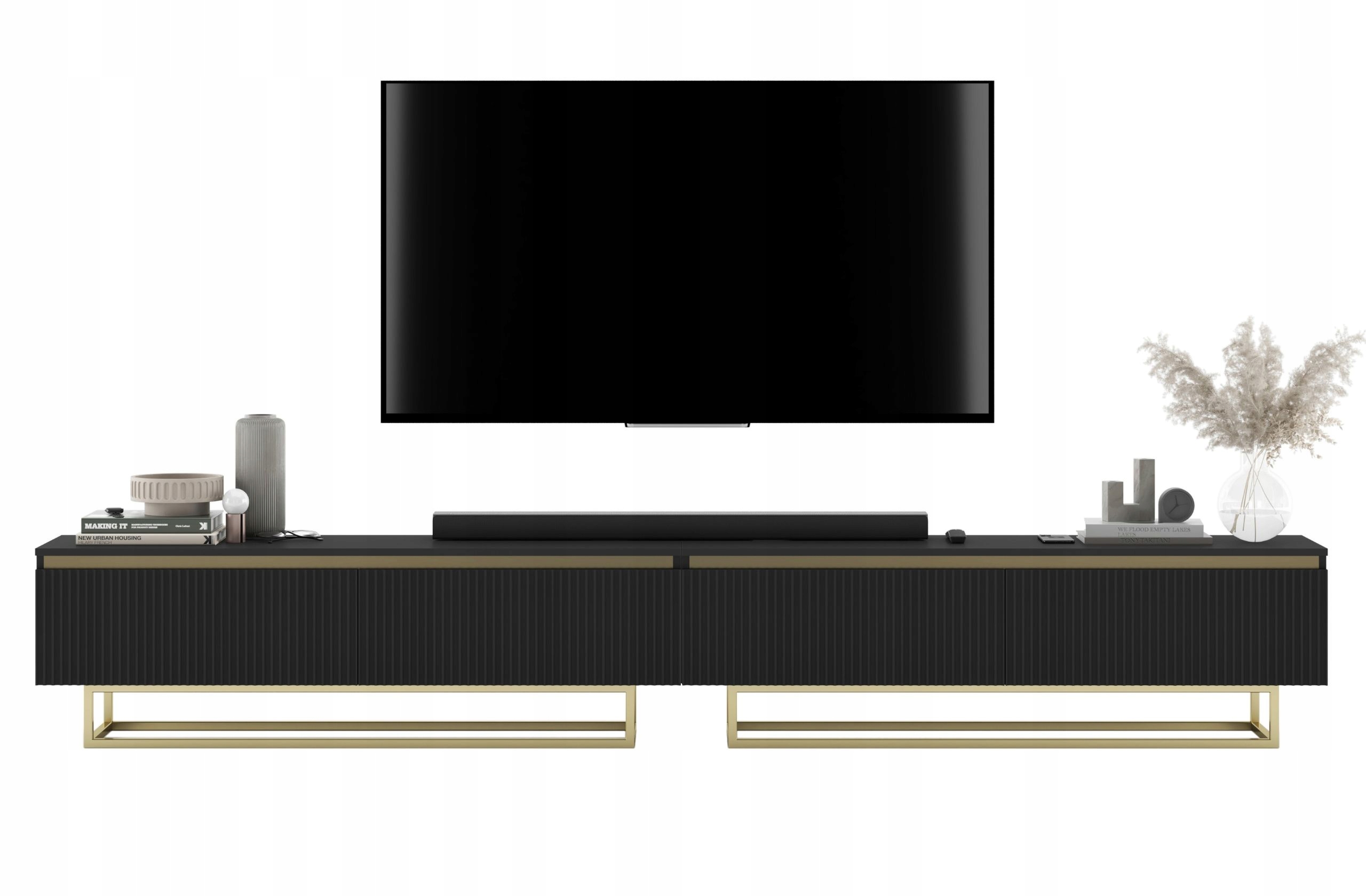 Szafka RTV Glamour Komoda RTV ryflowane fronty Czarny MAT złote akcenty 280