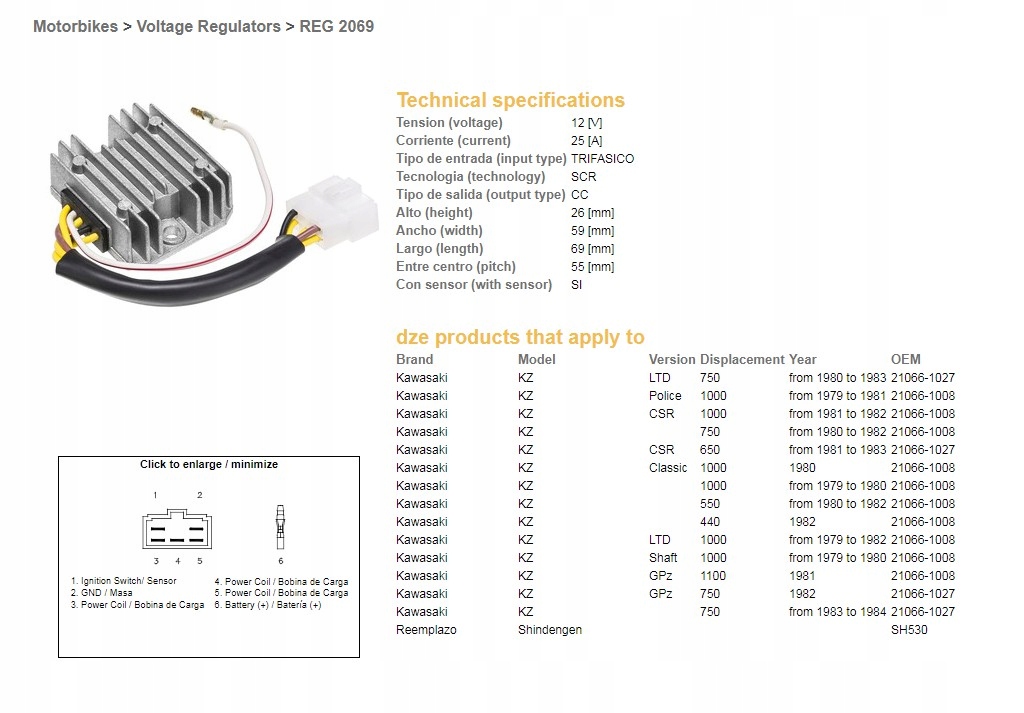 Regulátor Napätia Dze Kawasaki KZ550/650/750/1000 (ESR370,SH530-12K,21066-