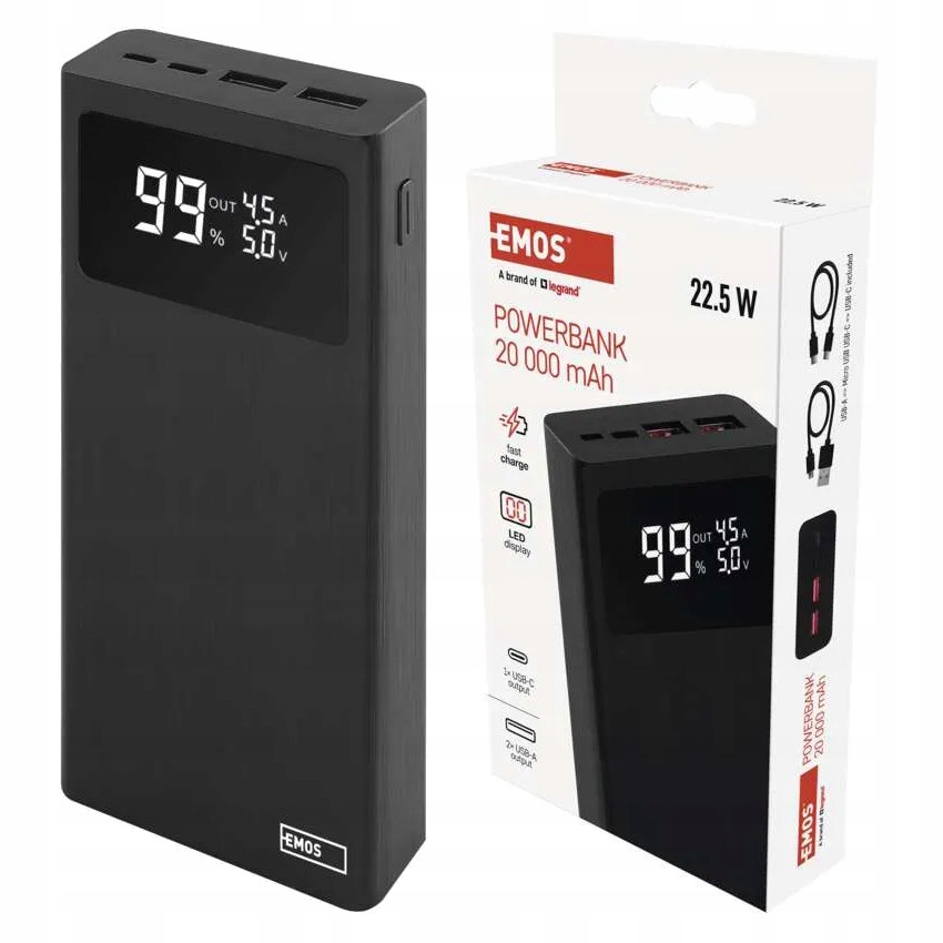Powerbanka Emos BetaQ 20, 20 000 mAh, 22,5 W, černá
