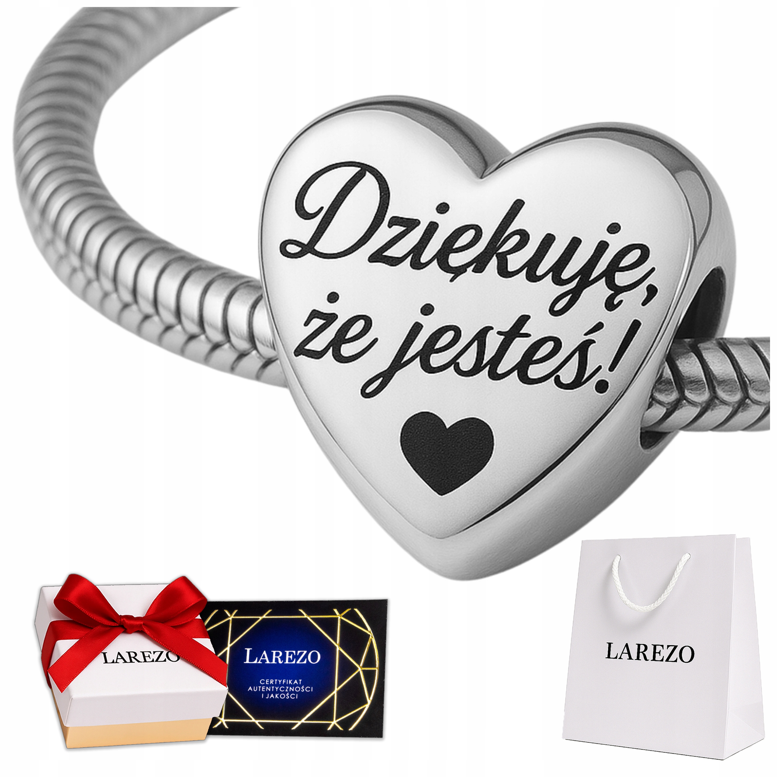 Charms Stříbrné srdce Nápis Gravírování Děkuji, že jste se srdcem Stříbro 925