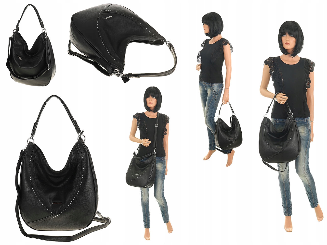 SILVIA ROSA Włoska Torebka Damska worek listonoszka na Ramę SB6820 Black Wzór dominujący bez wzoru