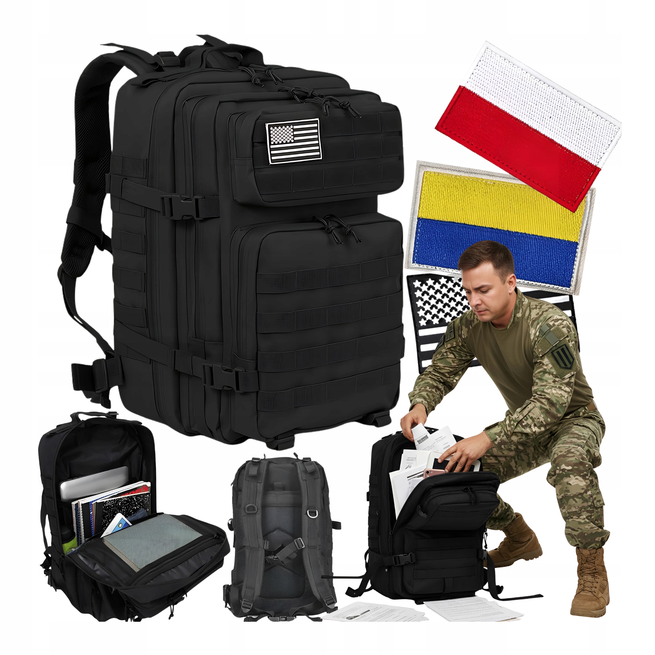 Plecak Taktyczny Wojskowy Czarny Przetrwania Ucieczkowy Militarny 3 Flagi