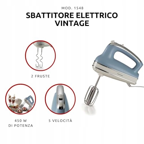 ARIETE Vintage Mikser Ręczny 5 Prędkości Turbo 450W Niebieski — miniatura 2
