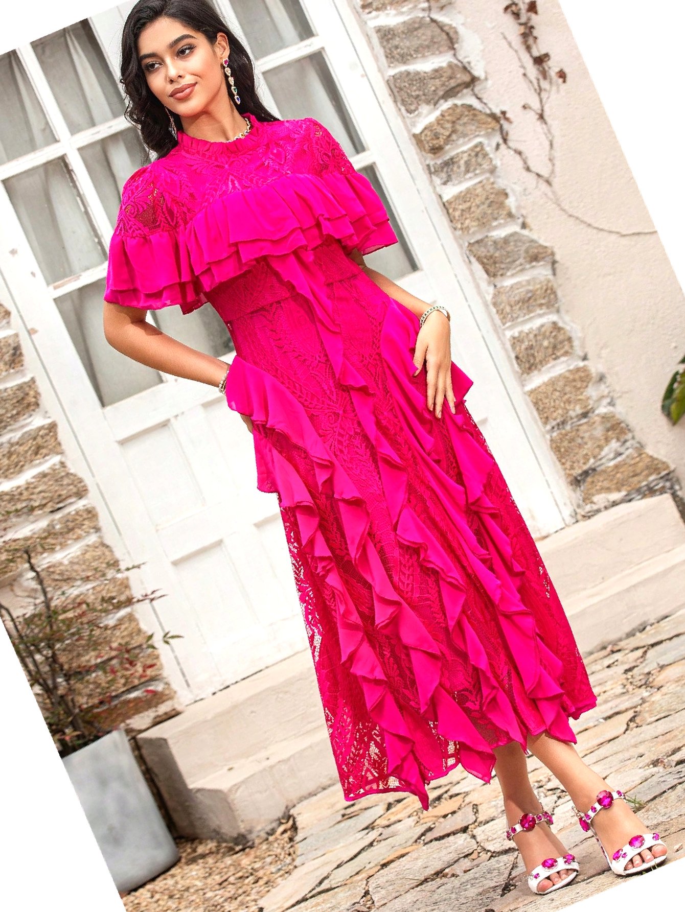 Šaty Koktejlová Midi s volánky Růžová Krajková Elegantní L 40