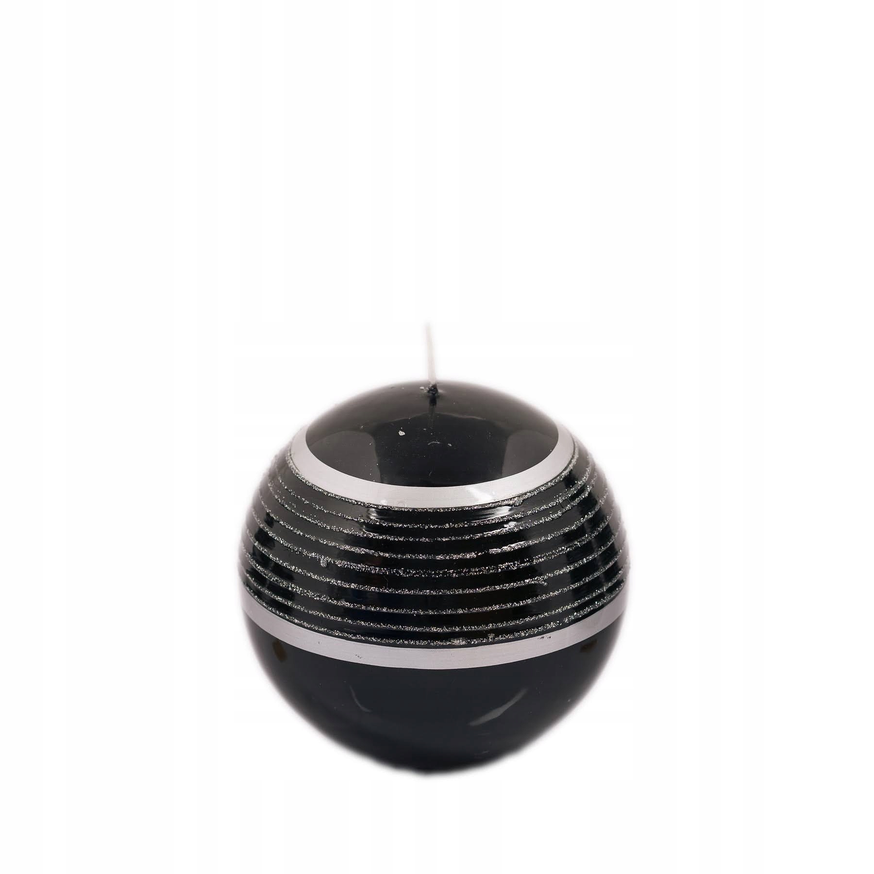 

Czarna świeca w srebrno brokatowe paski kula 10cm