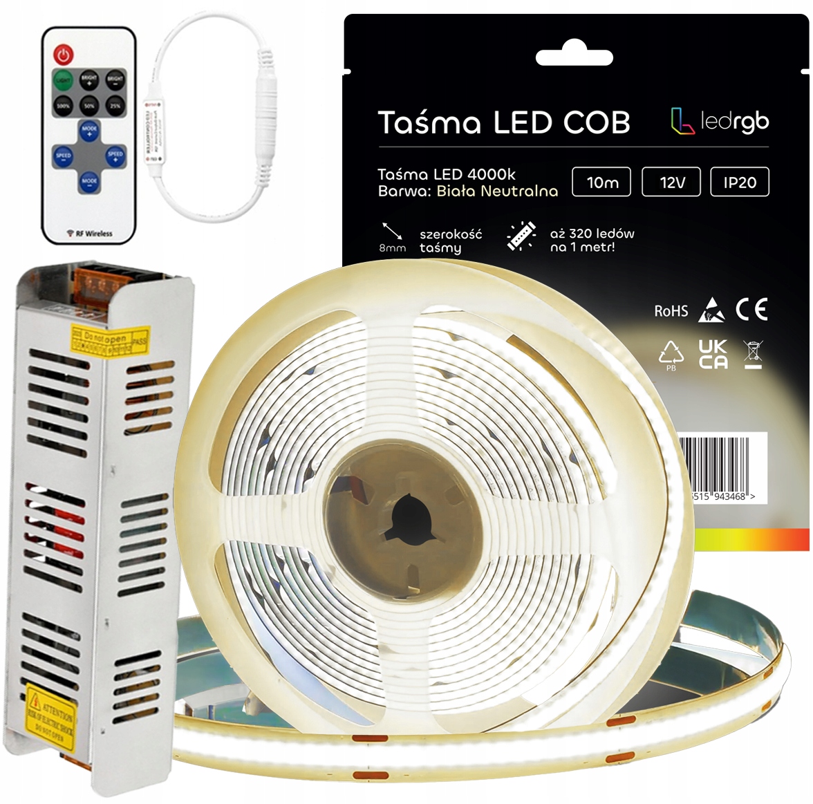 Sada Led pásků Neon Cob 12V 10 m 4000K Bílá Neutrální Napájecí Zdroj Dálkový Ovladač 8 mm