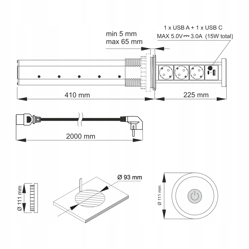 LIFT BOX USB A+C automatyczny wysuwany przedłużacz meblowy ALUMINIUM Liczba przewodów 1