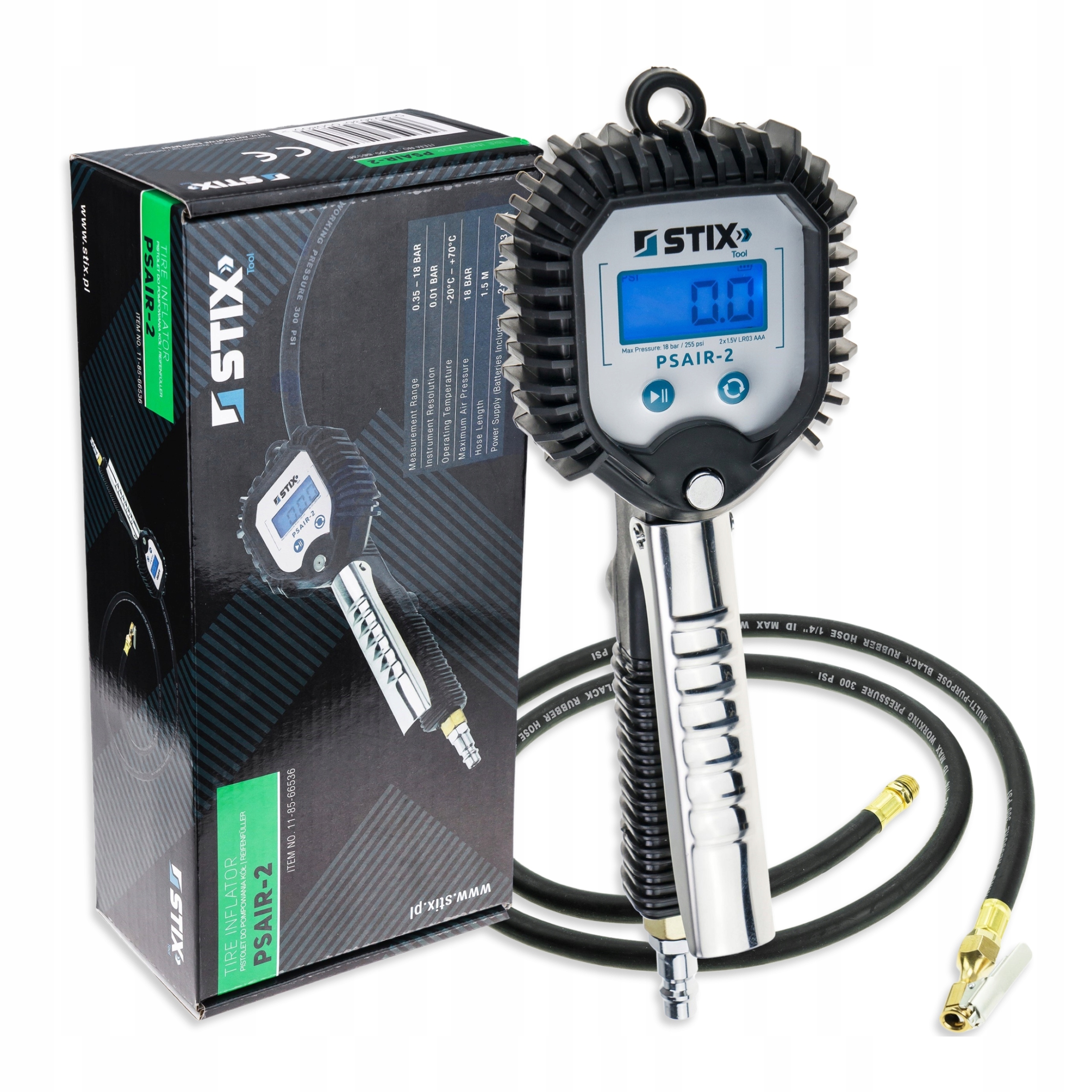 Pistolet pneumatyczny Stix z manometrem elektronicznym 0-18 bar, wąż 1,5 m