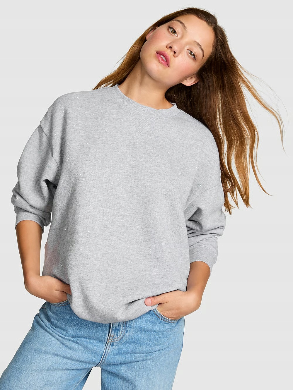 Mikina s fleecem Victoria's Secret Pink šedá s perličkami S
