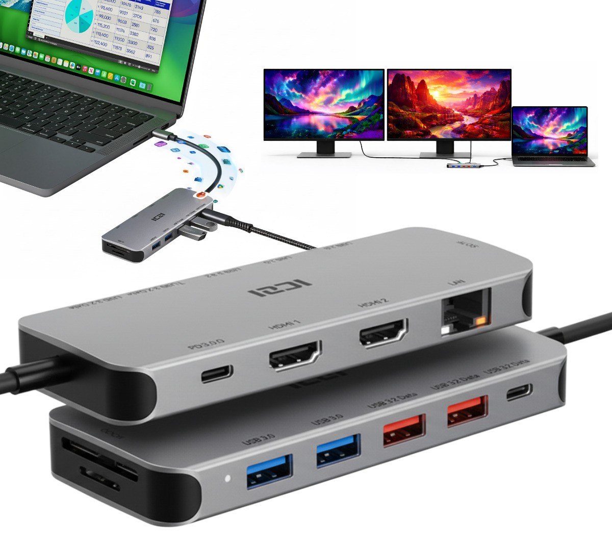 Mocna stacja dokująca 2 monitory Hdmi Usb-c 3.0 do podłączenia dwa ekrany