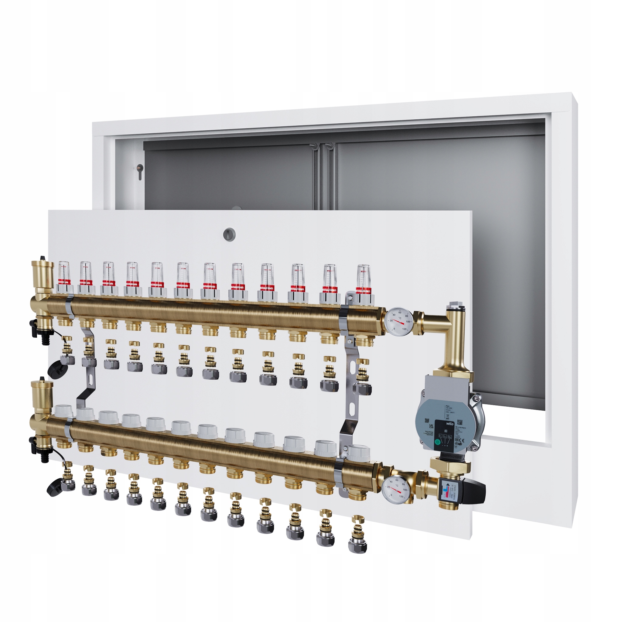 Rozdělovač pro podlahovku 12 sekcí s čerpadlem Wilo a nástěnnou schránkou Pex