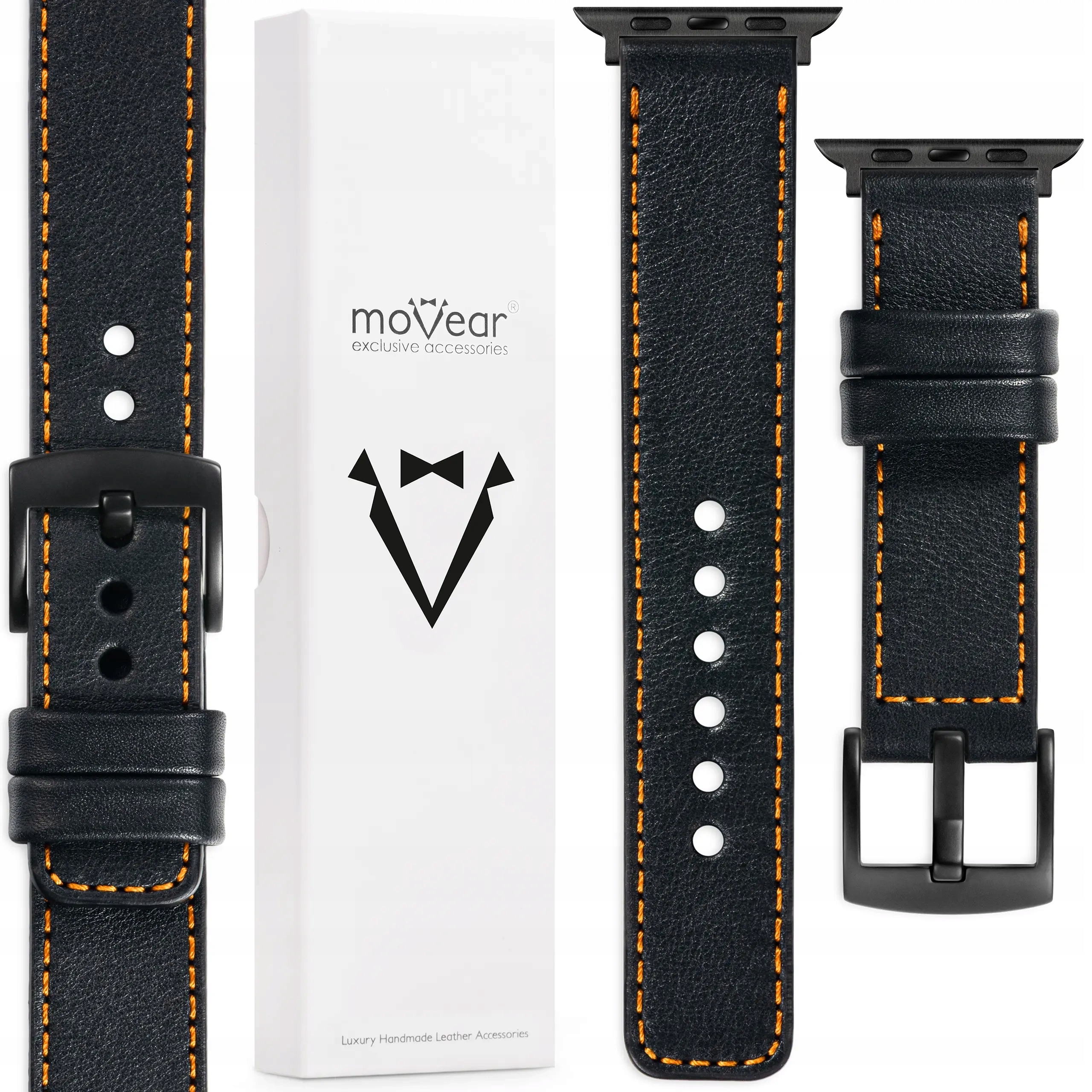 Kožený řemínek pro Apple Watch 49/46-44 mm Handmade Černý Movear