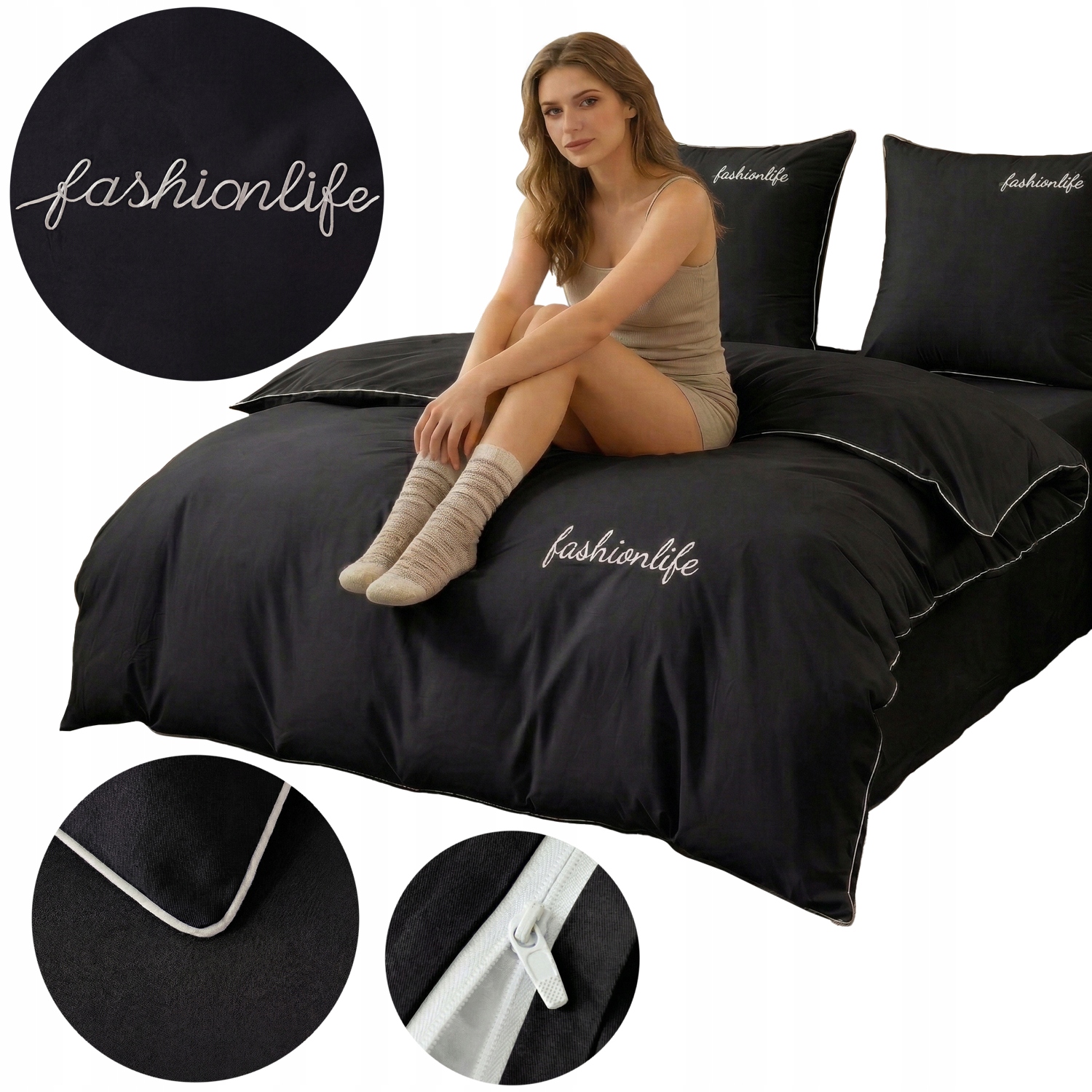 Komplet Pościeli Z Lamówką Haftem 200x220 Poszewki 70x80 Bawełna