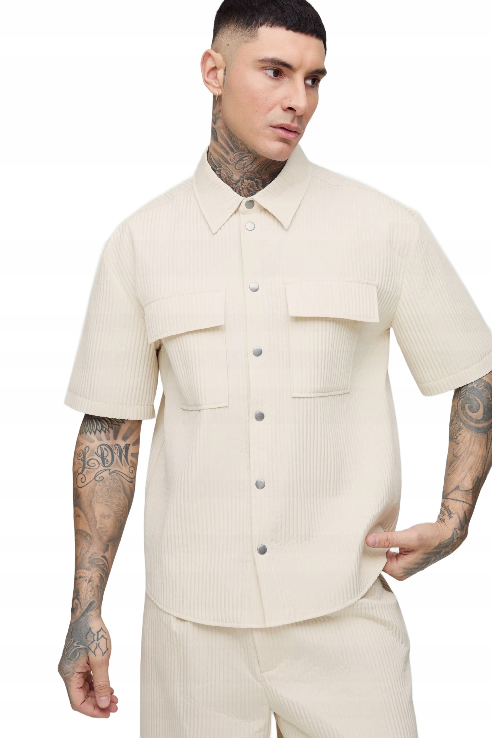 Boohooman Pánská Košile Béžová S Krátkým Rukávem A Pruhovanou Strukturou L Z3A