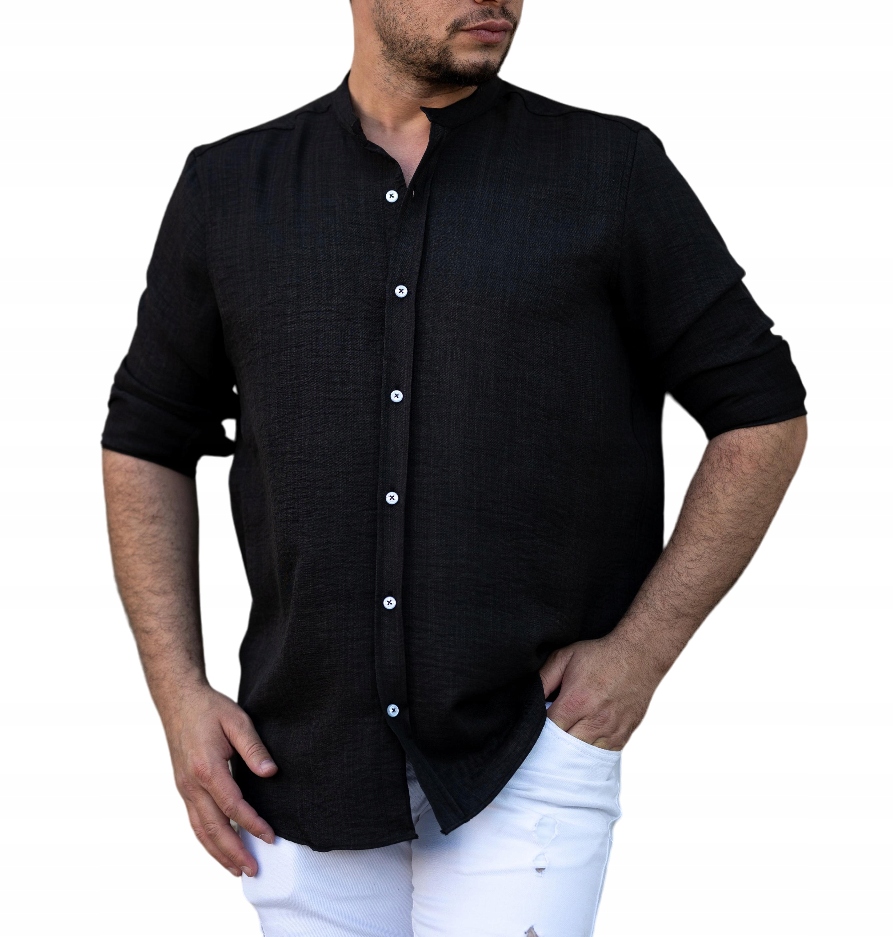 Pánská Bavlněná Košile Volný Casual Stojáček Černá XL