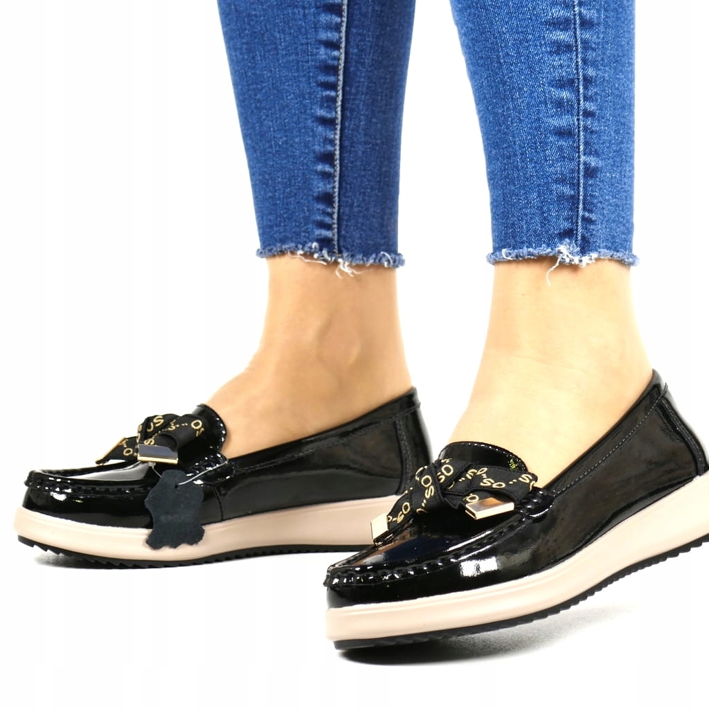 Dámské Mokasíny Z Kůže S Mašličkou Na Platformě Filippo, Černý Lak