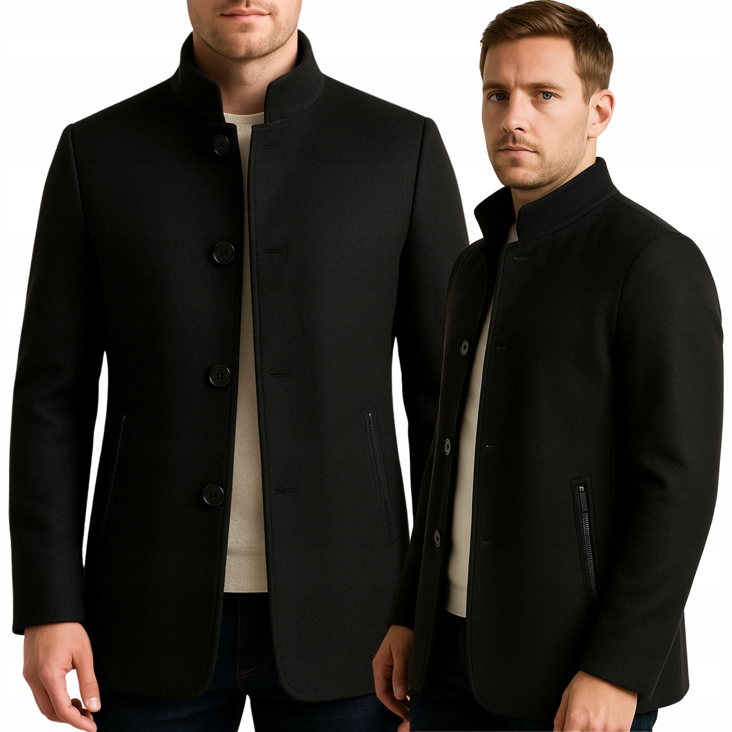 Męski płaszcz zimowy jesienny elegancki jednorzędowy ze stójką kurtka
