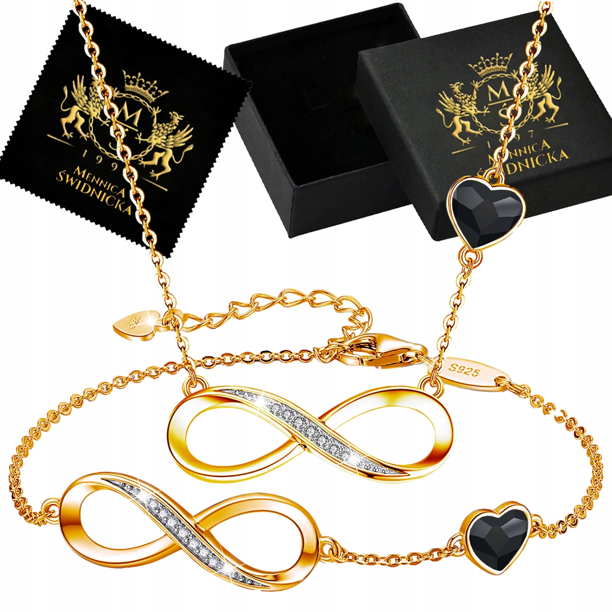 Sada šperků Zlaté Stříbro 925 Náhrdelník Náramek Srdce Zirkony