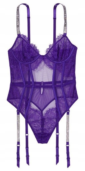Krajkové body s podvazky Victoria's Secret fialové s zirkony, velikost S