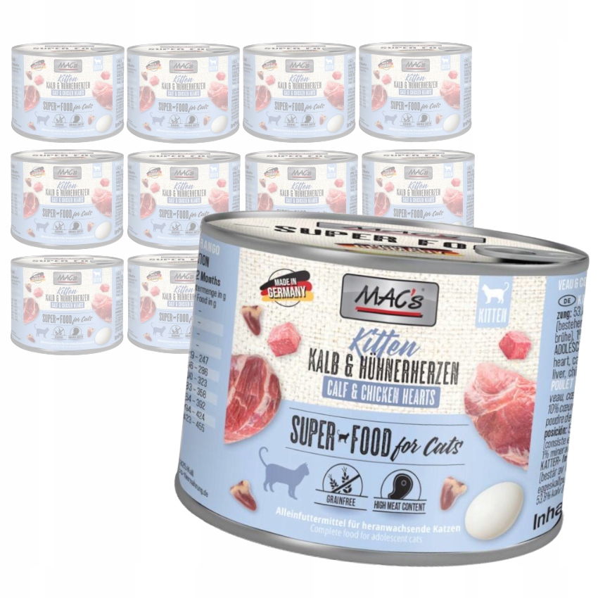 Levně MAC's Kitten Vlhké Krmivo pro koťata Telecí srdce Drůbeží 12x200g