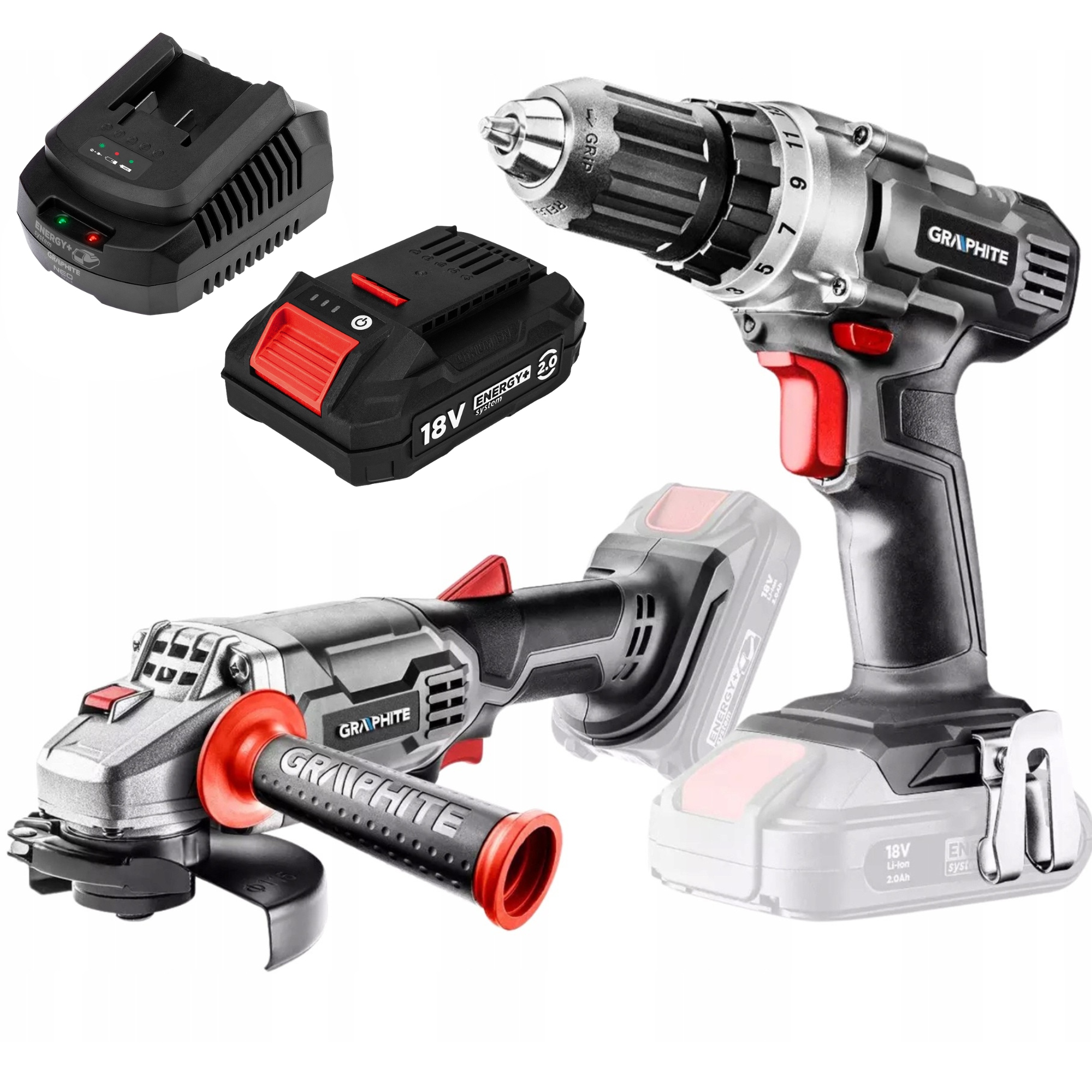 Graphite Wiertarko Wkrętarka Szlifierka Kątowa Akumulator 2Ah Ładowarka