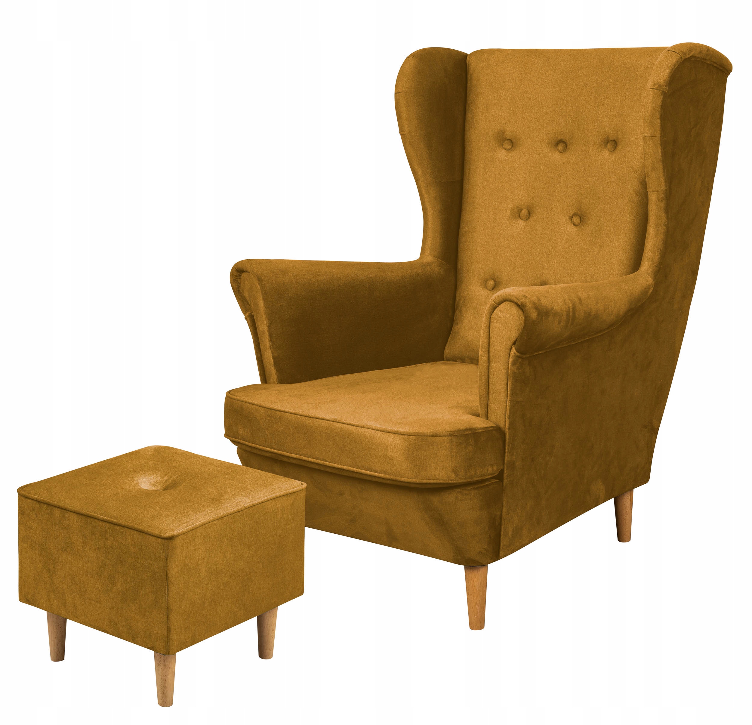 Stylový Skandinávský Set Do Obývacího Pokoje, Křeslo Typu Ušák S Podnožkou, Zlatá Barva