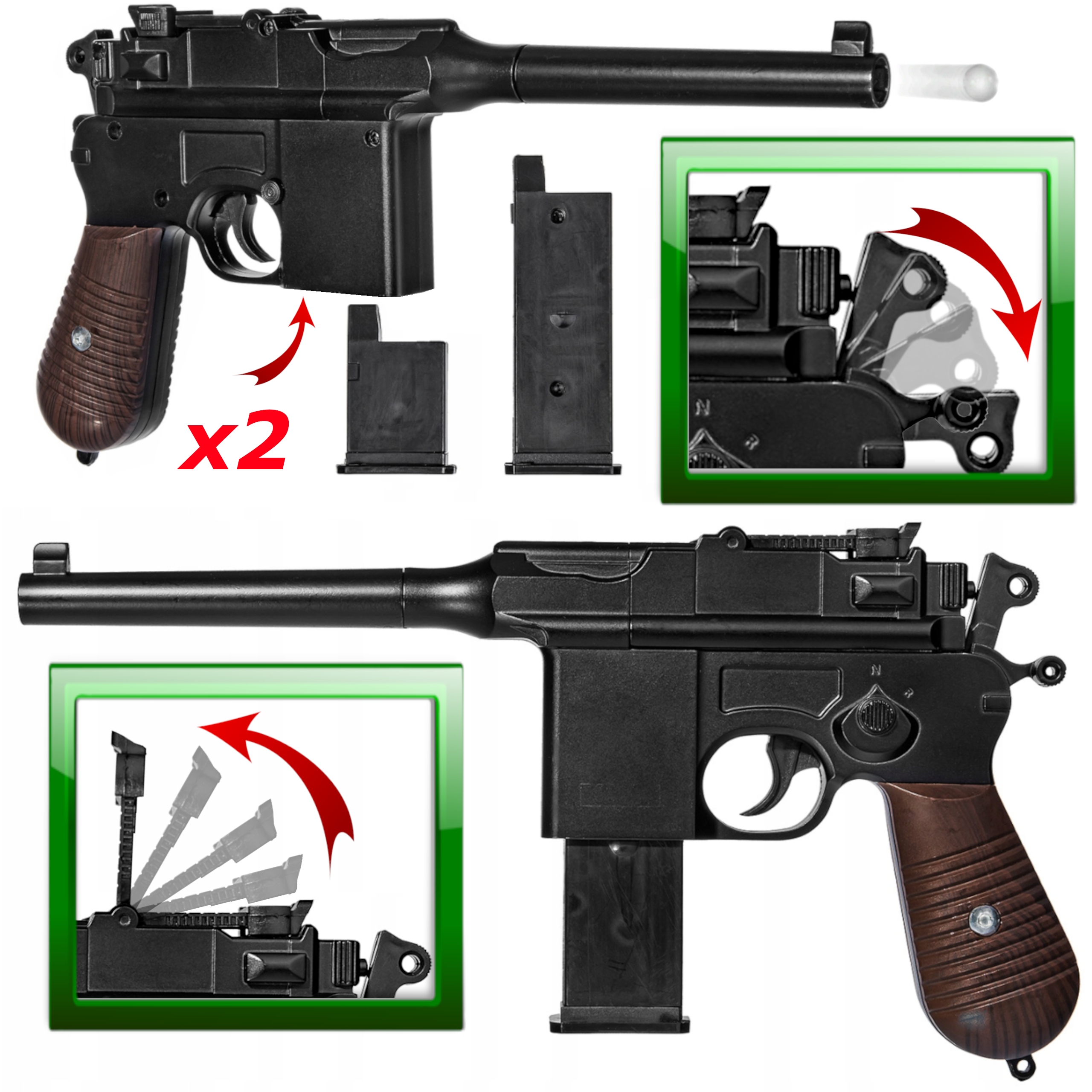 Металлический шаровой пистолет Mauser C96 реплика ASG 100% металл 2 щита