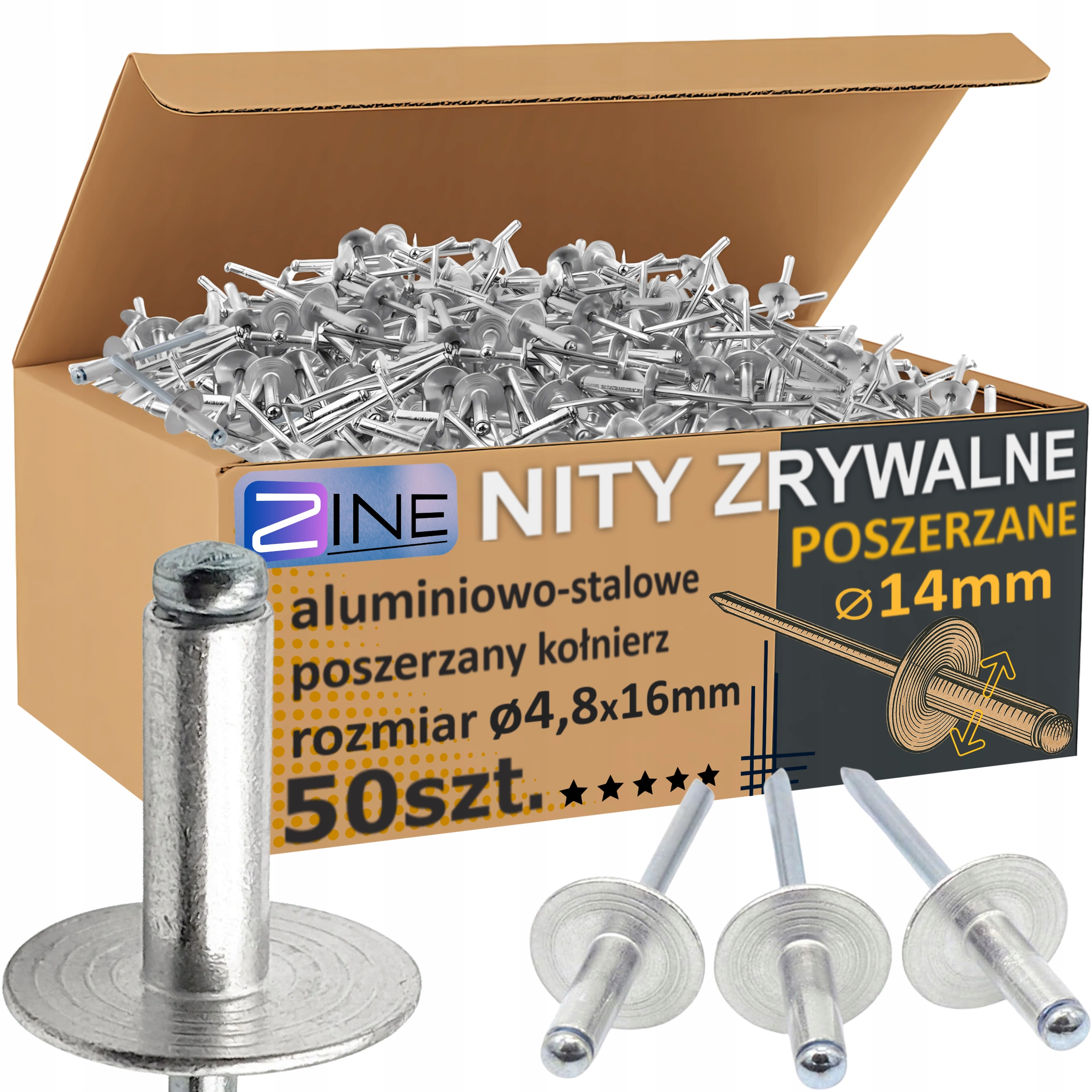 Nity Zrywalne z Dużym Łbem Poszerzany Kołnierz fi14mm 4.8x16mm 50sztuk Zine