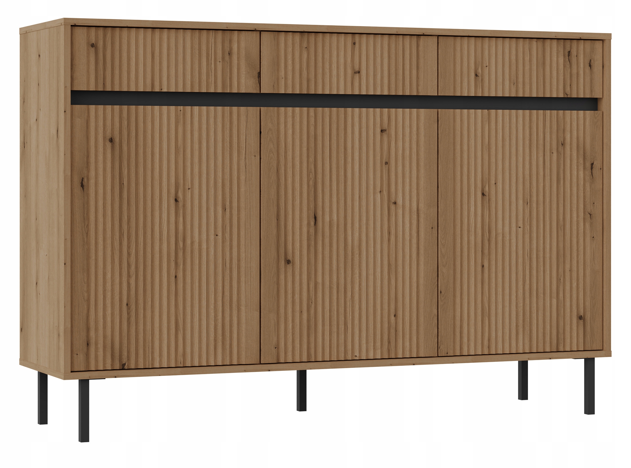 Komoda Osaka třídveřová se třemi zásuvkami, rýhovaná čela, 149 cm, dub evoke