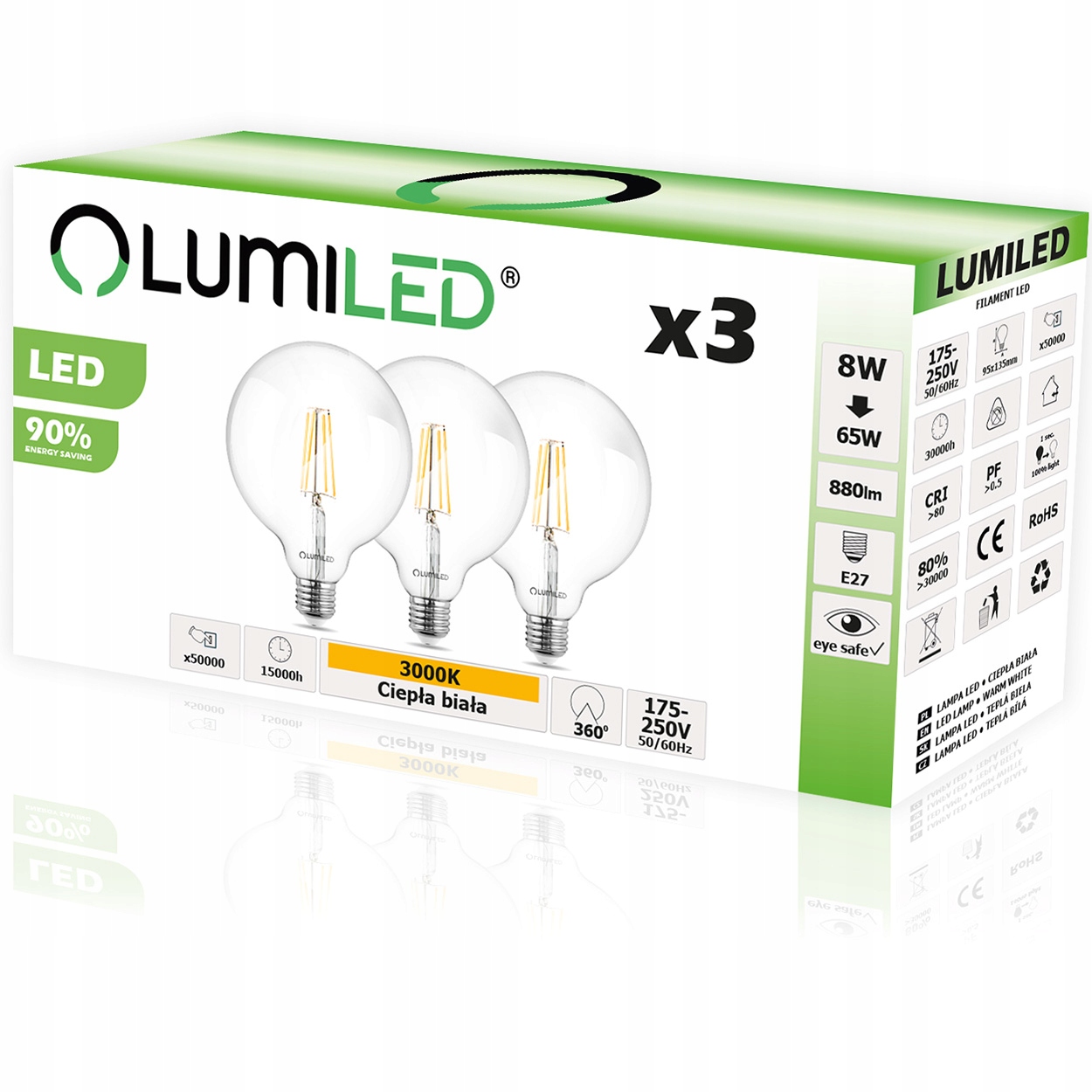 

3x Żarówka Led Dekoracyjna E27 G95 8W 3000K Globe