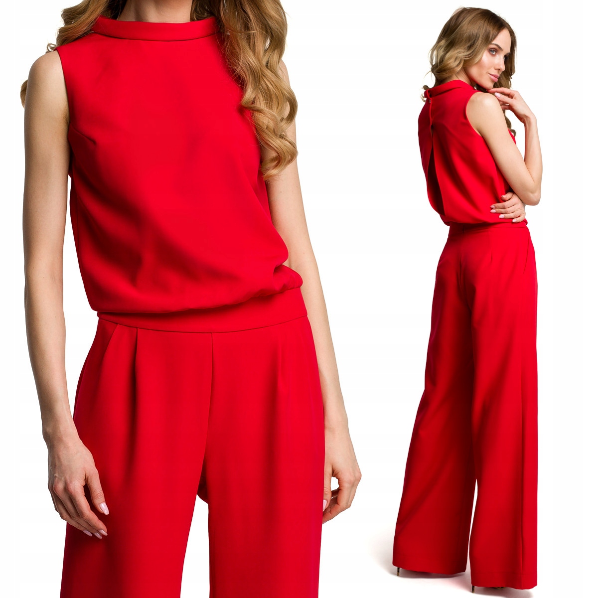 DAMSKI KOMBINEZON KOBIECY ELEGANCKI BEZ RĘKAWÓW LUŹNY LEKKI CZERWONY 40 L