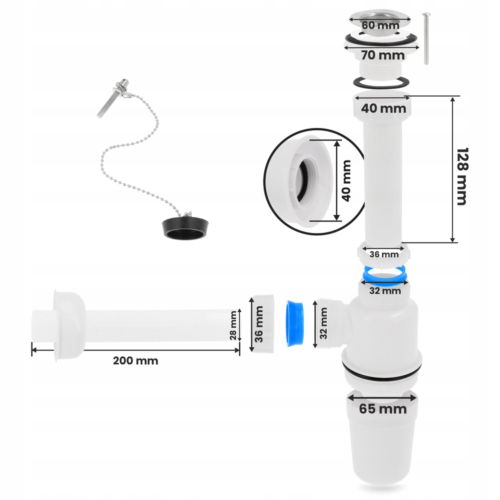 Syfon Umywalkowy Diamond SYF.TWORZ.1.1/4. 32 mm Materiał tworzywo sztuczne