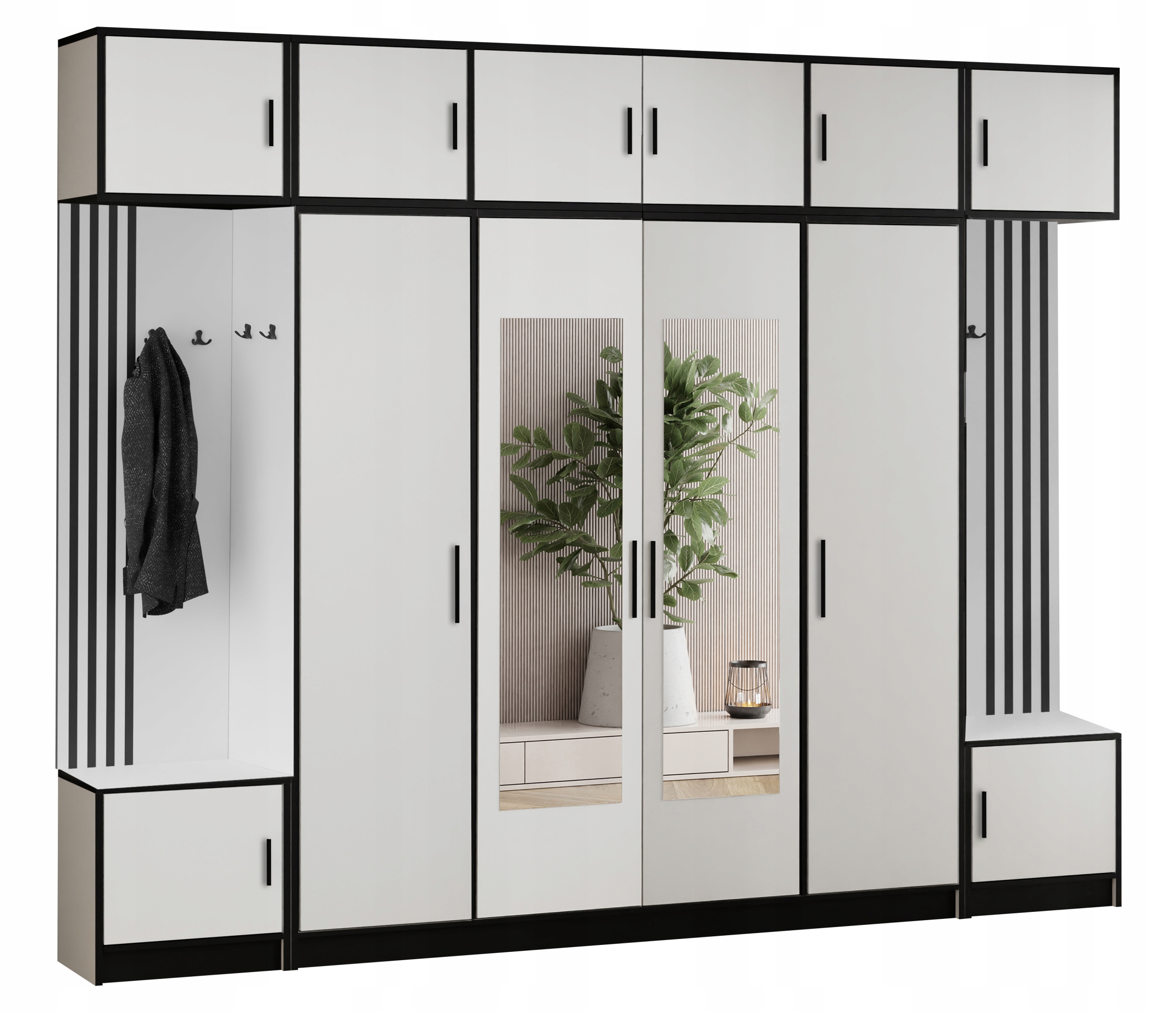 Šatní skříň Dior 17 Bílý lamelový sedák se zrcadlem a nástavcem