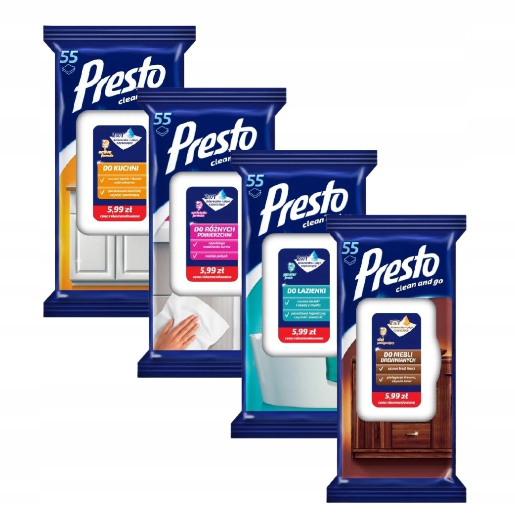 

Zestaw Presto MIX 4x Ściereczki nawilżane 2w1 55sz