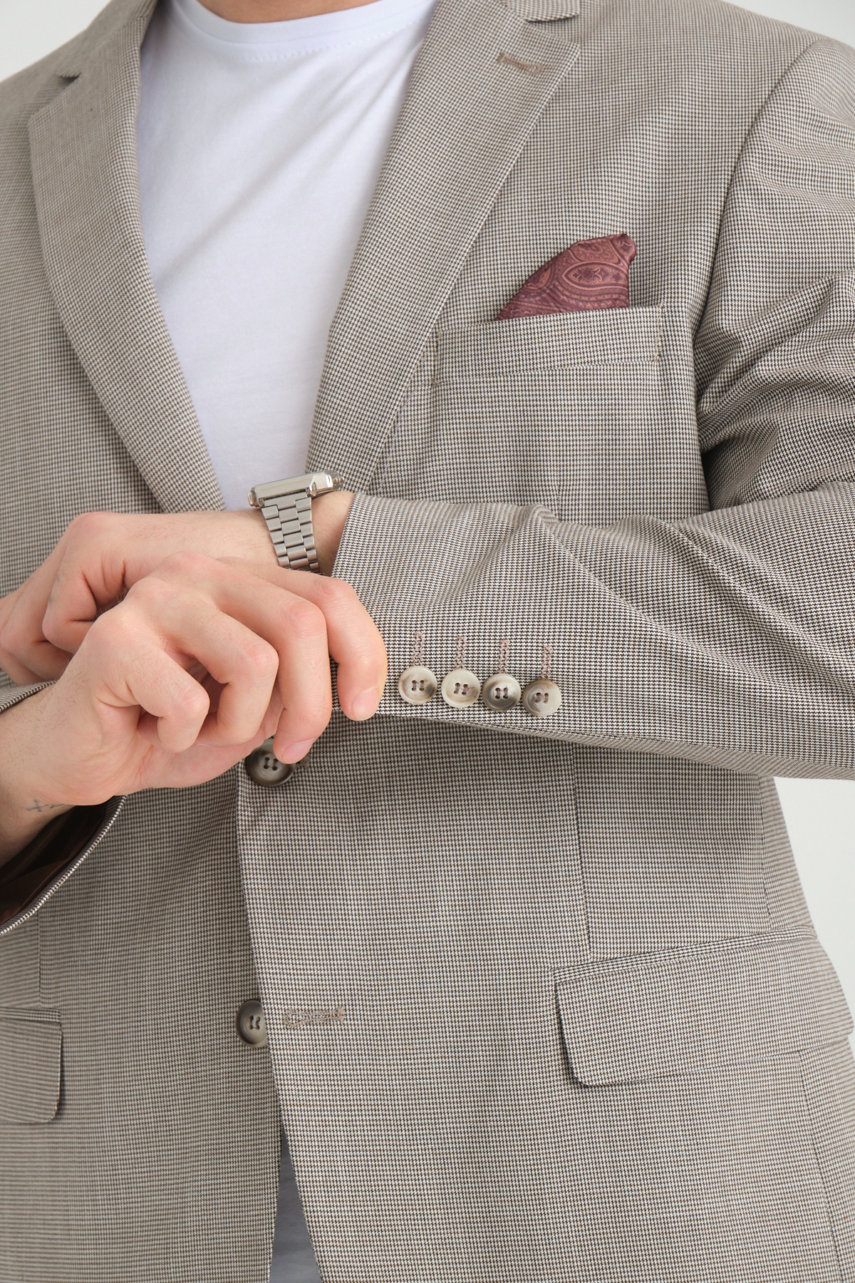 MARYNARKA MĘSKA BEŻOWA W PEPITKĘ WIZYTOWA ELEGANCKA BIZNESOWA CASUAL 48 Rozmiar 48