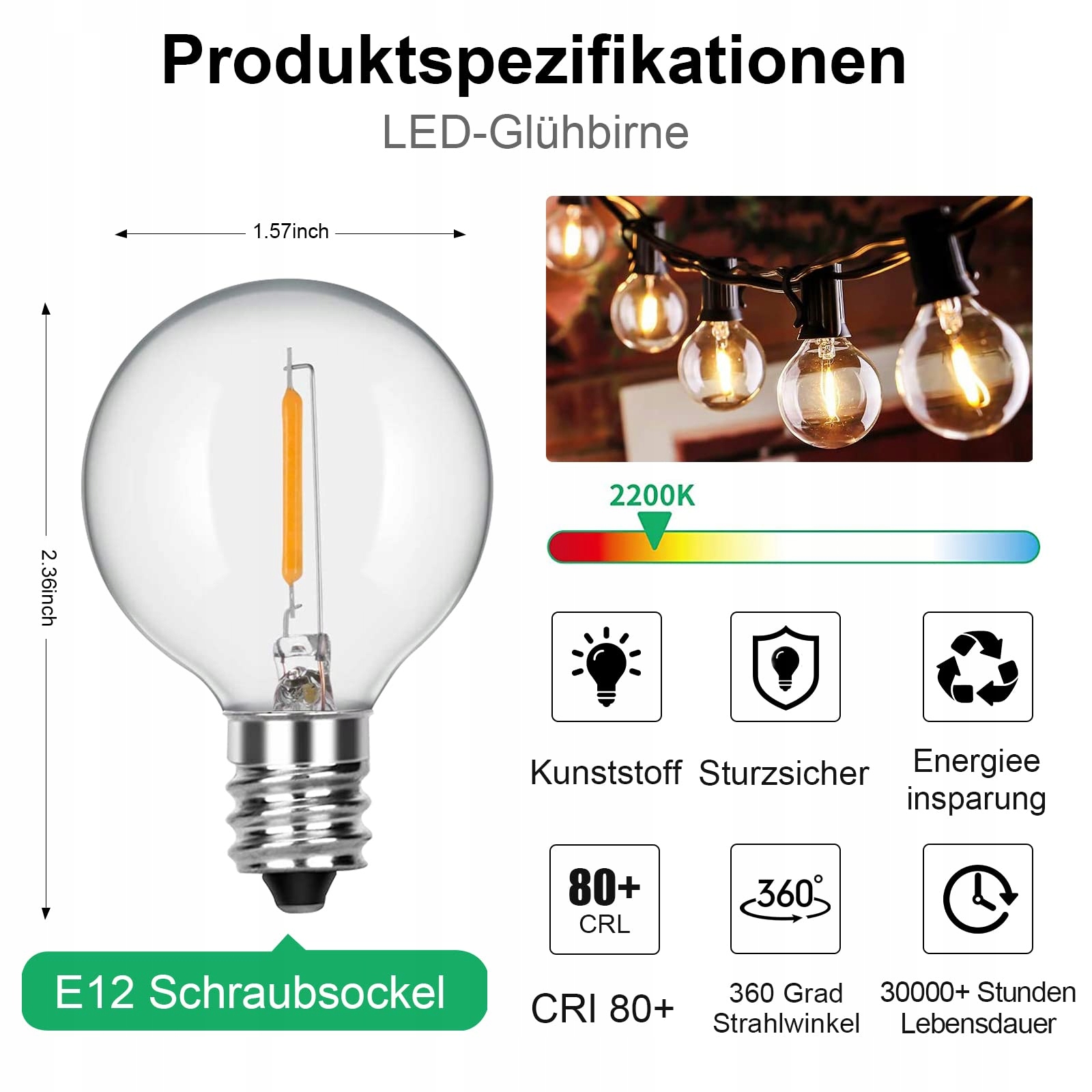 SUNSGNE G40 LED Żarówki 25 Sztuk Klare Globe Oświetlenie Tarasowe E12 C7 7W — miniatura 2