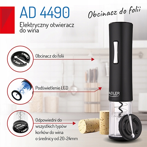 Elektryczny Otwieracz do Wina Adler AD 4490 LED Obcinacz Foli