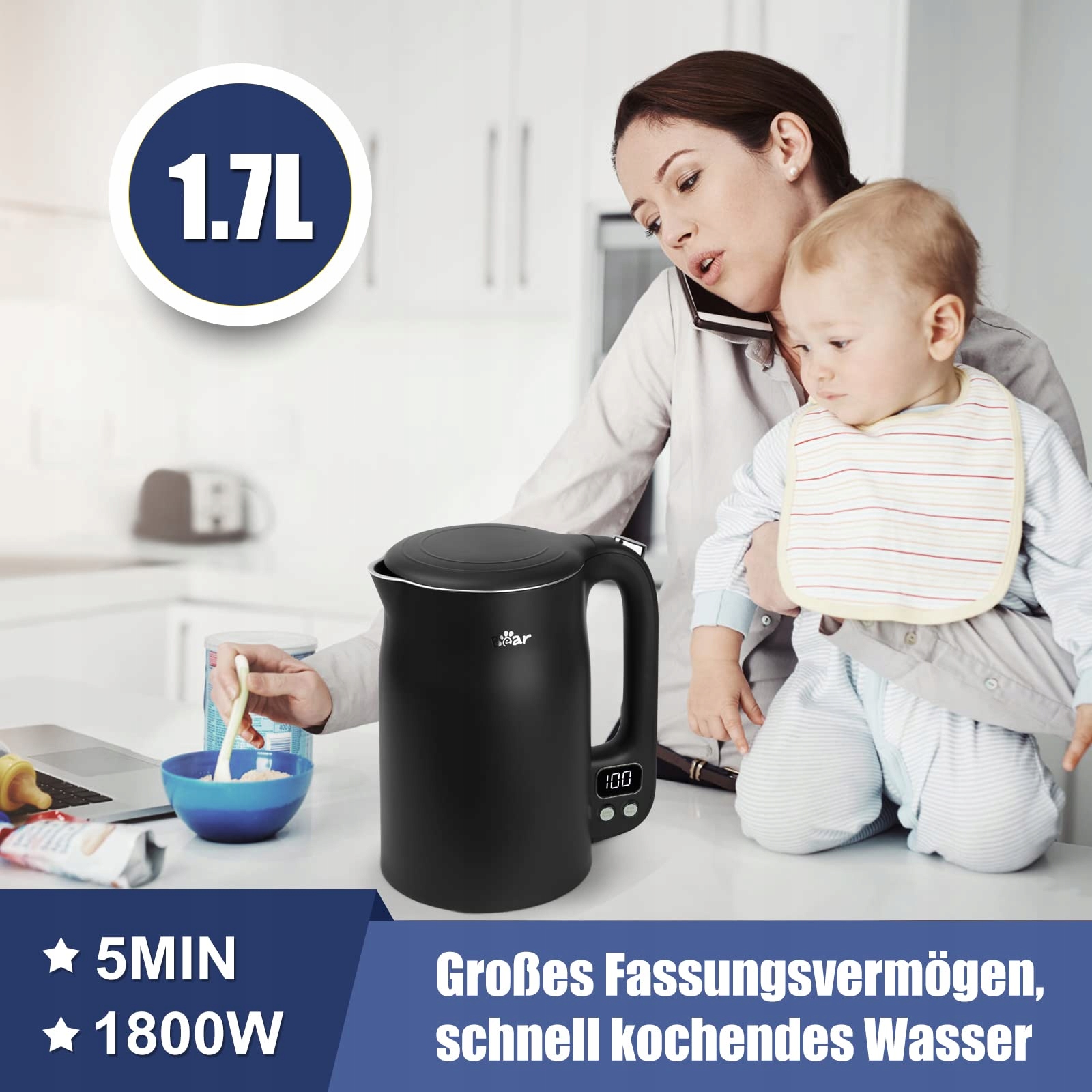 BEAR Czajnik Elektryczny 1.7L 1800W Stal Nierdzewna LCD Temperatury — miniatura 3