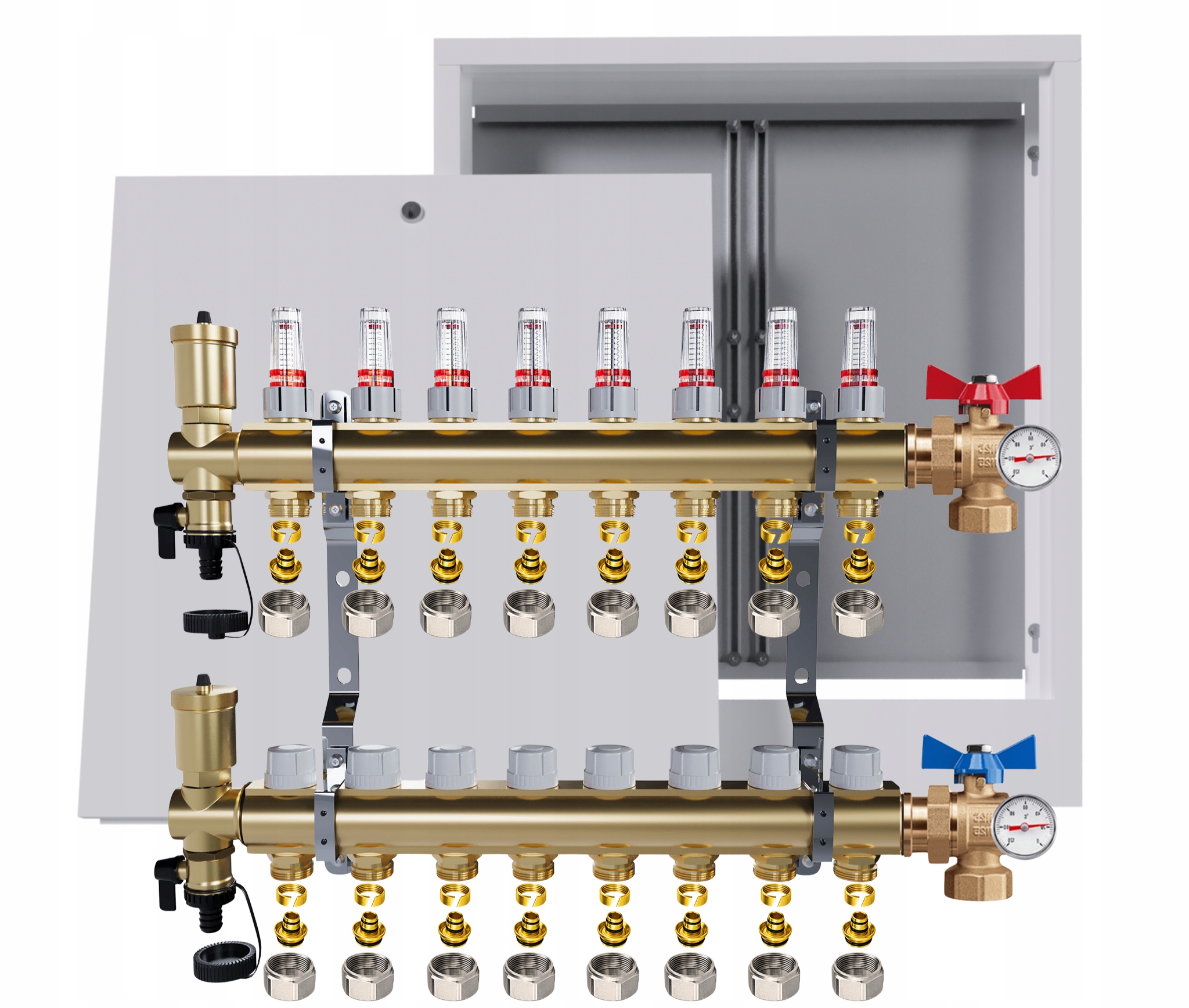 Rozdělovač Pro Podlahovou Krytinu, 8 Okruhů Ventily Teploměr Krabička Pex