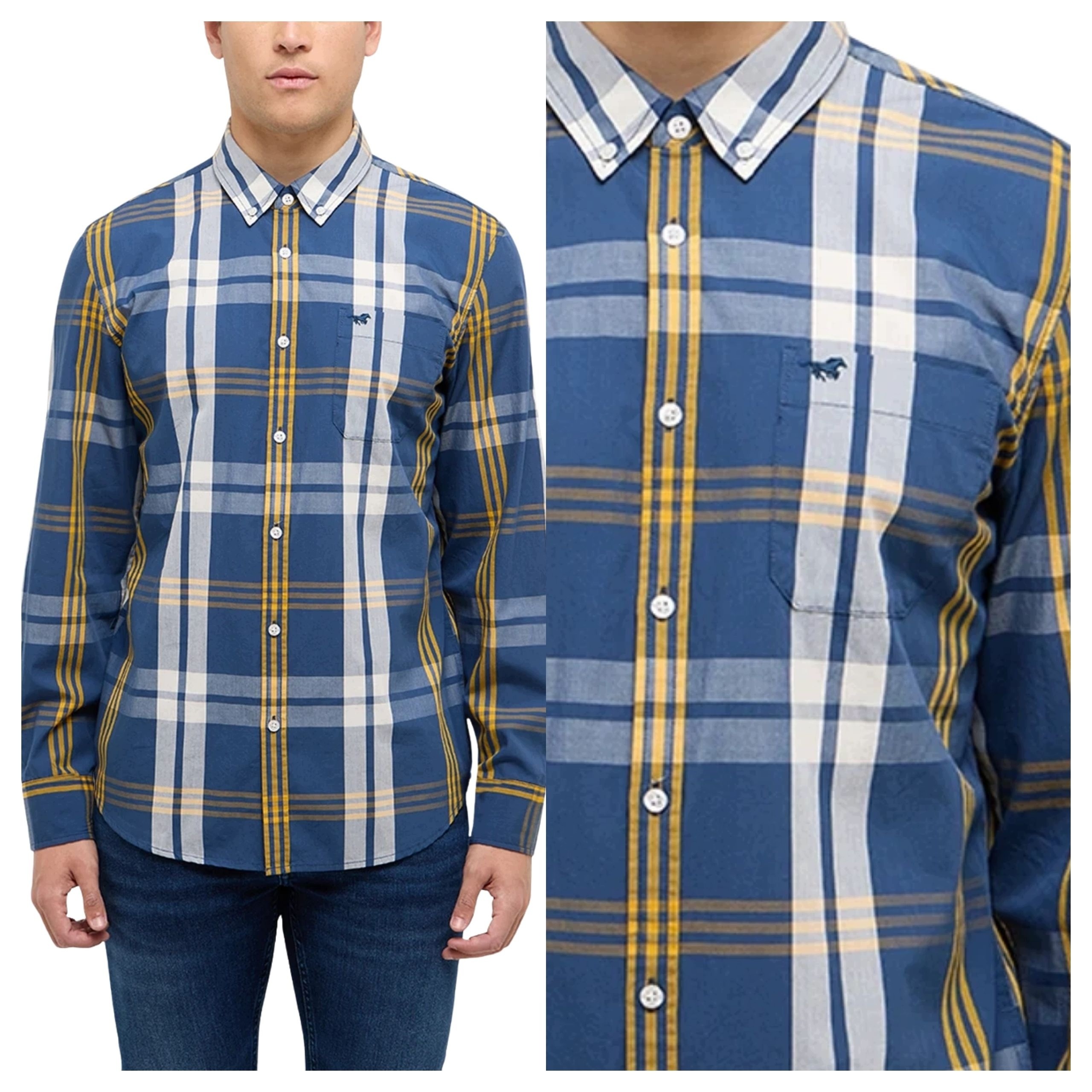 Pánská košile Mustang Chester Modrá s dlouhým rukávem, bavlněná, 4XL