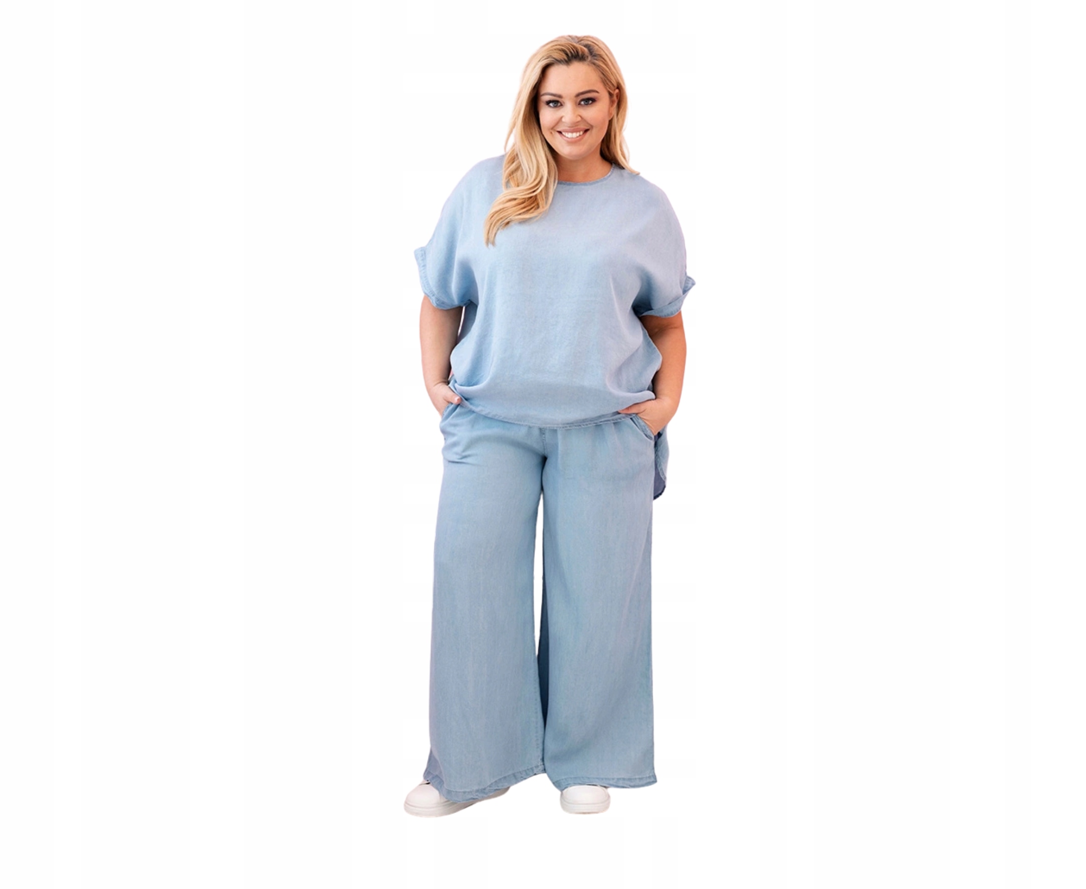 Dámský komplet Plus Size z tencelu, halenka a kalhoty světle džínové
