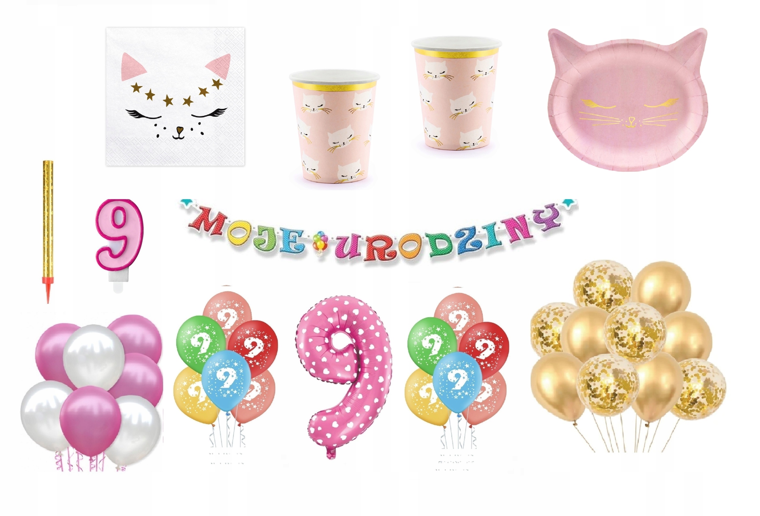 

Zestaw Kotek 9 Urodziny Balony