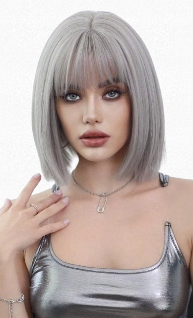 Peruka damska popielaty blond z grzywką do ramion prosty bob syntetyczna