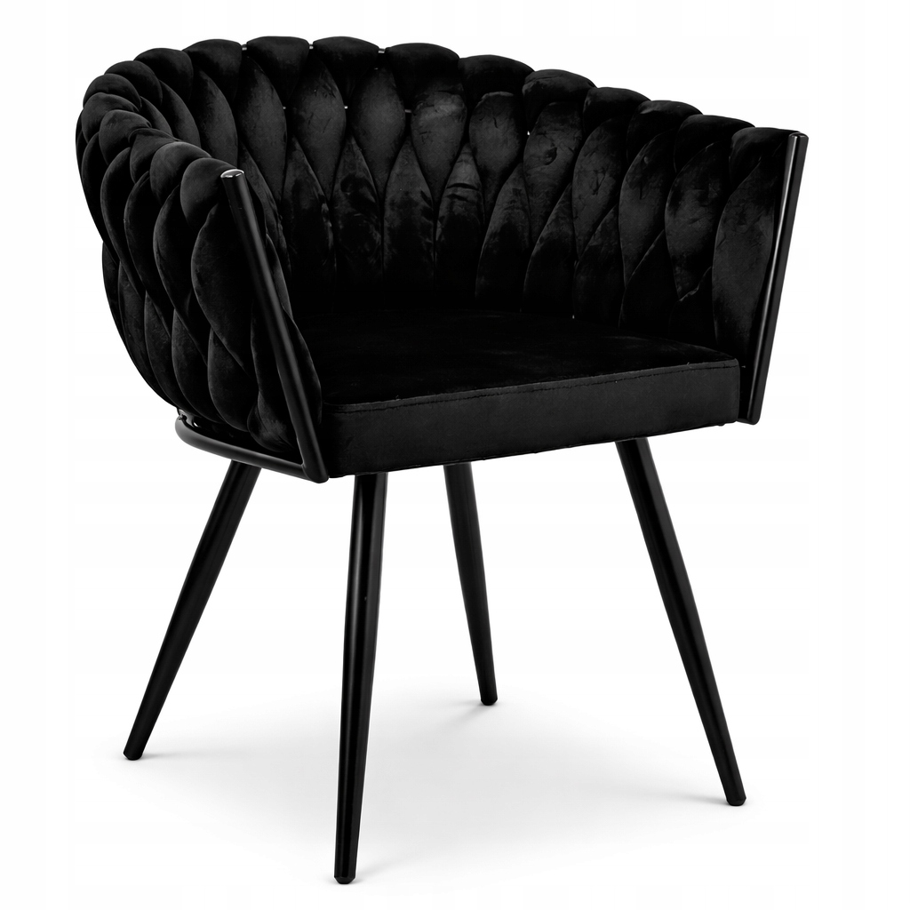 Krzesło Tapicerowane Welurowe Czarne Plecione Fotel Salon Jadalnia