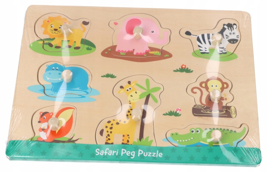 MONTESSORI UKŁADANKA ZWIERZĄTKA DŻUNGLA DREWNIANE PUZZLE Z UCHWYTAMI LELIN Materiał drewno