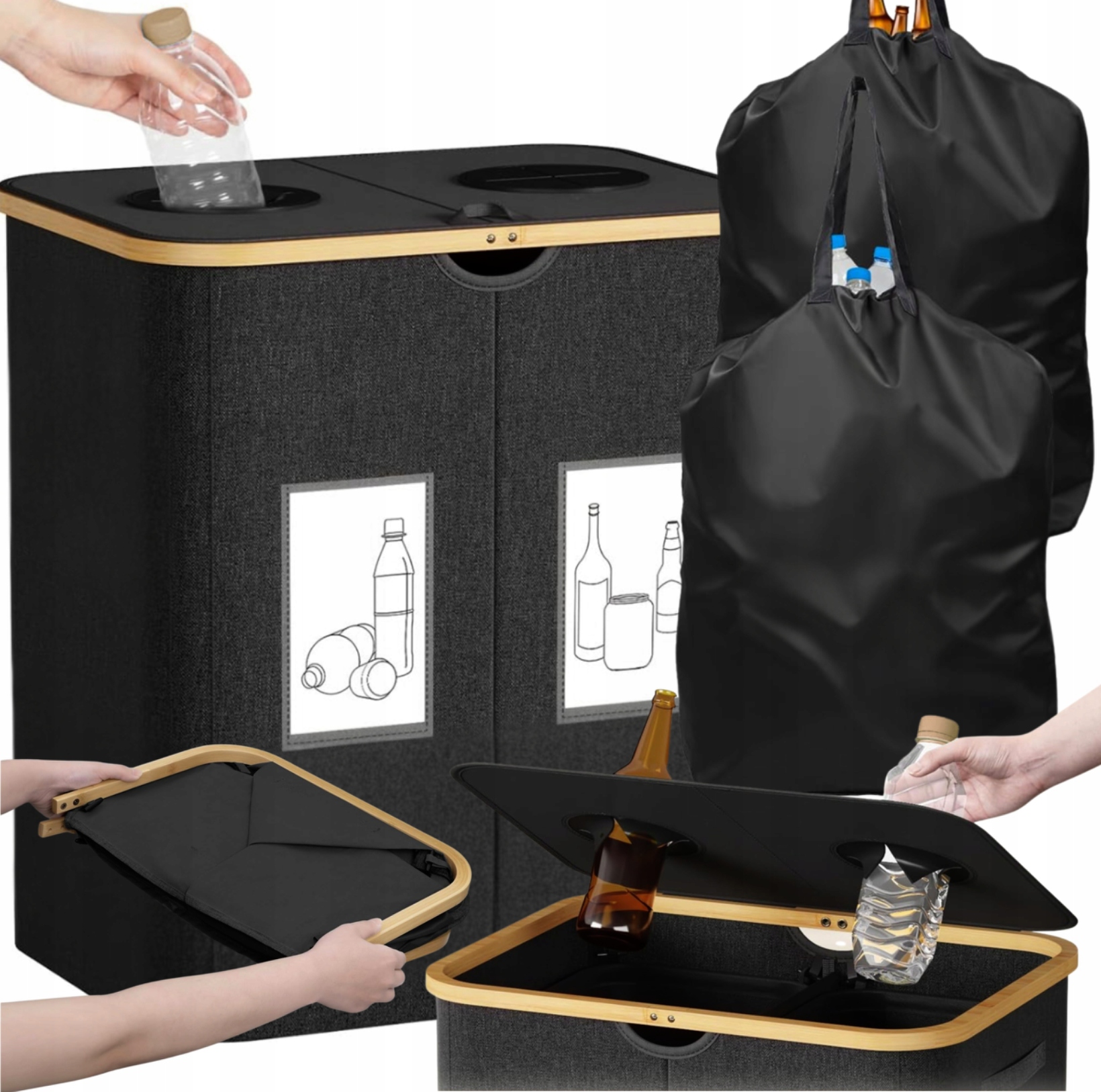 Skládací Koš 150 L 2 Komory Sklo Plechovky Plastové Lahve 2 Sáčky