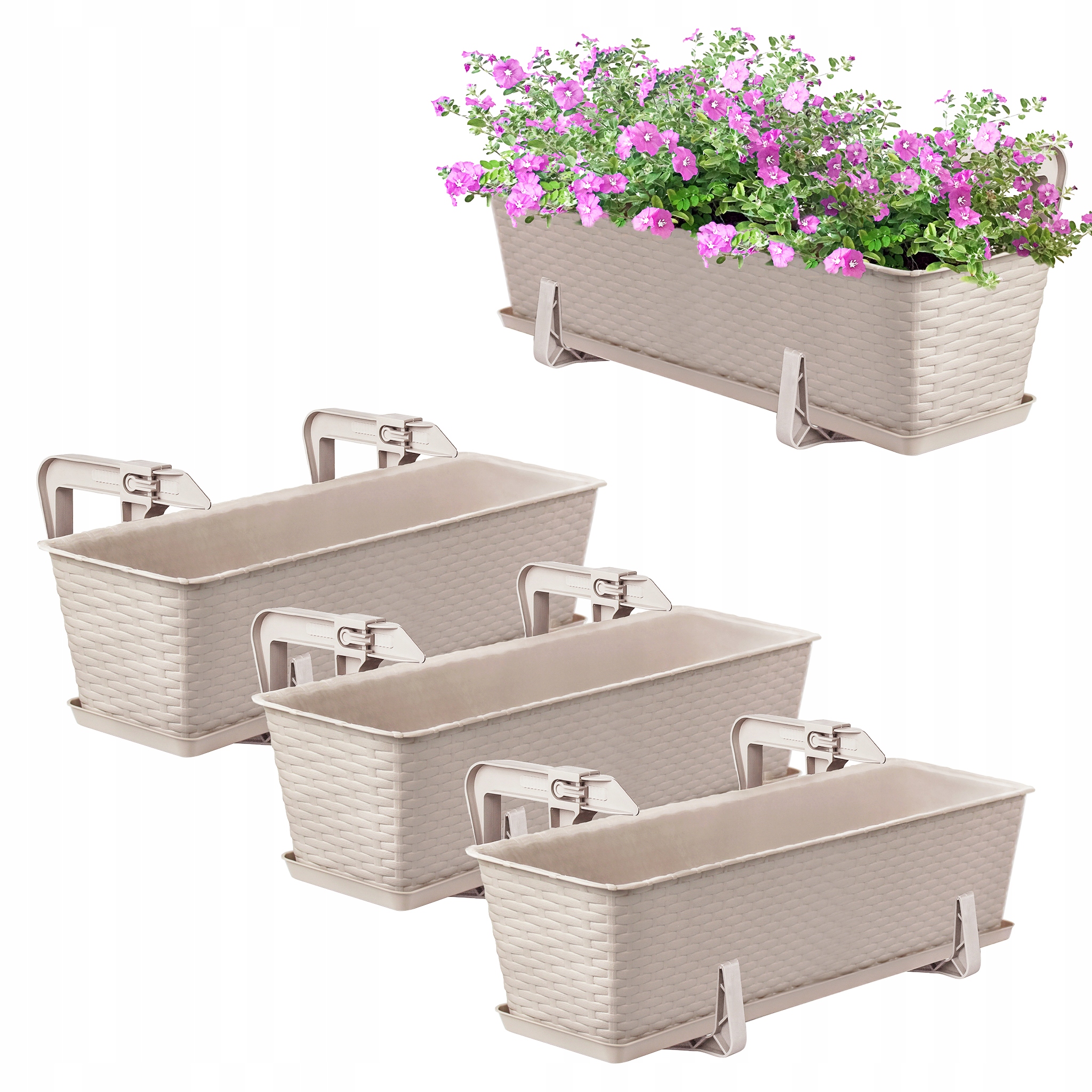 3 x Skrzynka Balkonowa Doniczka Donica 60cm Z Uchwytami Zestaw Beż