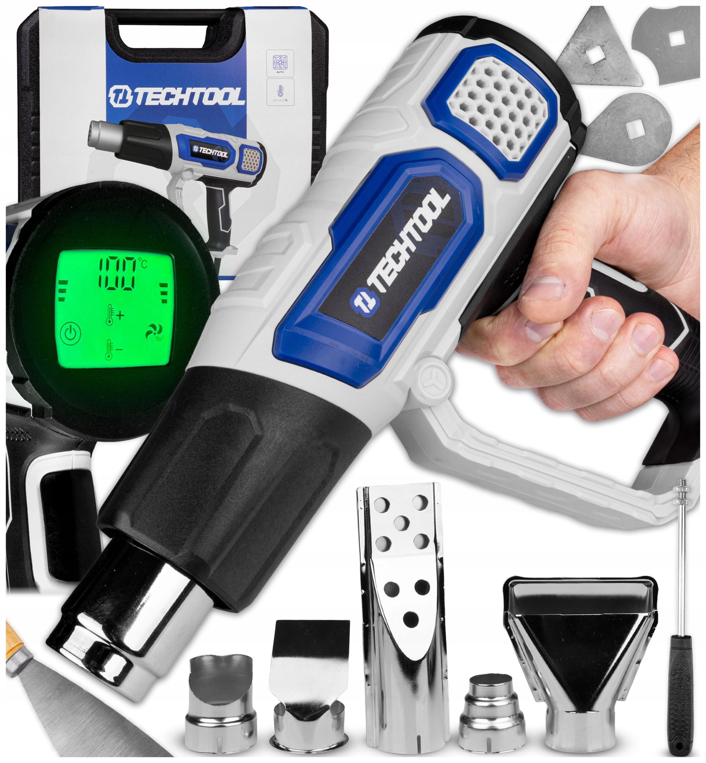 Opalarka Elektryczna 2000W 60-600°C LCD 5 Dysz Skrobaki Zestaw XLL Walizka