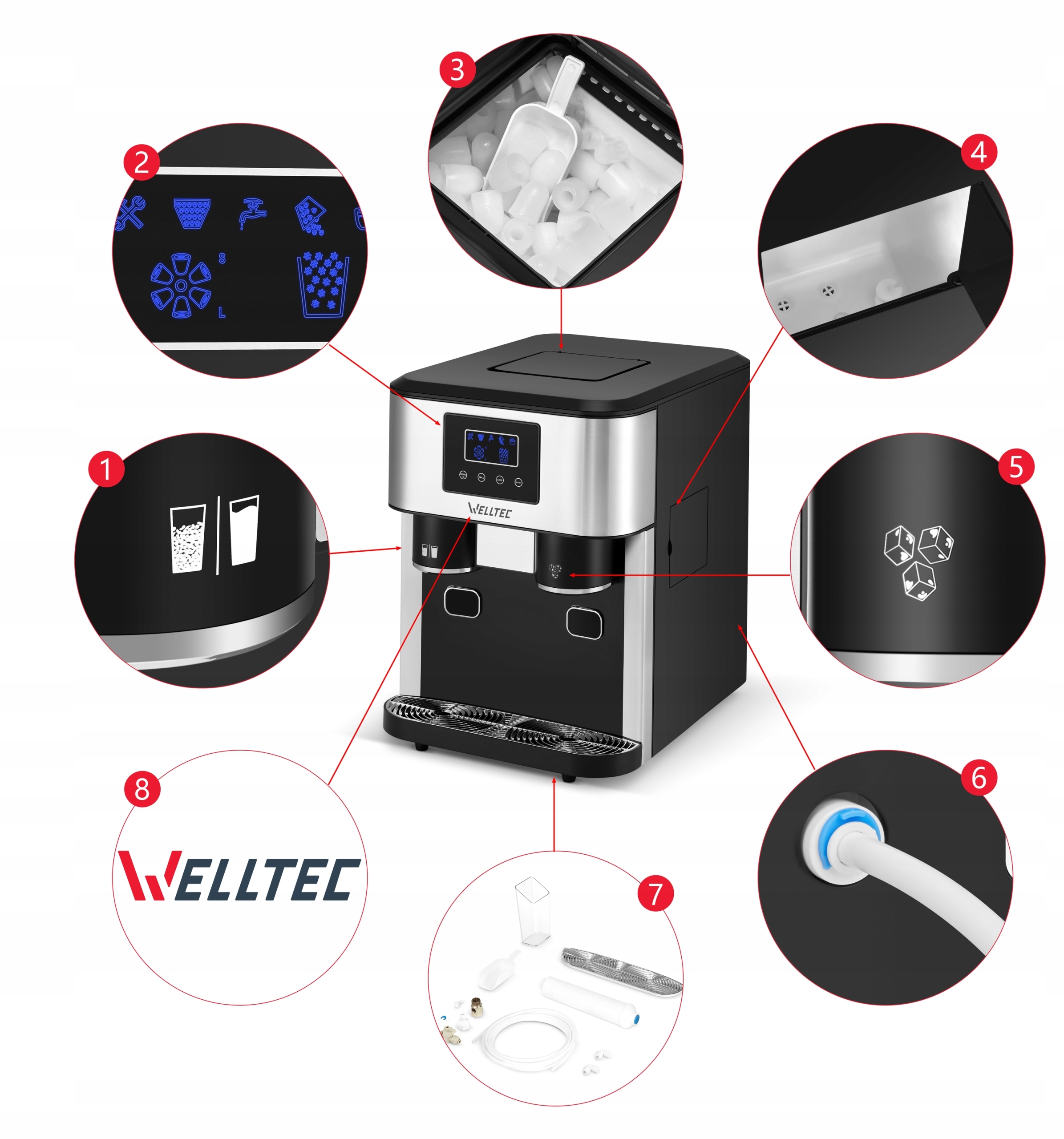 WELLTEC ICE20 CLASSIC DYSTRYBUTOR KRUSZARKA KOSTKARKA DO LODU 20kg/24h Pojemność zbiornika na lód 1 kg